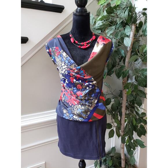 Dept Sheath Dress Womens Medium Multicolor Floral Sleeveless Cowl Neck Side Zip - Picture 1 of 13